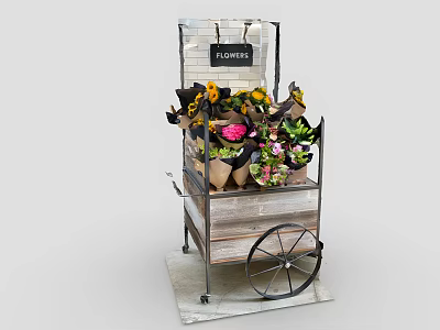 Garden Decorative Cart With Wooden Shelves Metal Frame And Potted Flowers On Wheels 3d model