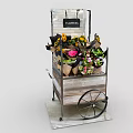 Garden Decorative Cart With Wooden Shelves Metal Frame And Potted Flowers On Wheels