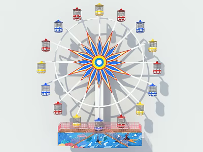 Ferris Wheel Amusement Equipment With Star Shaped Design Colorful Cabins Water Pool And Small Boats 3d model
