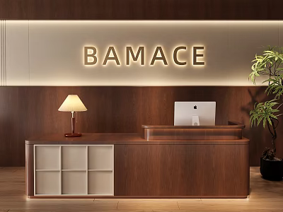 Hotel Front Desk With Wooden Counter BAMACE Sign Table Lamp Apple Computer And Potted Plant 3d model