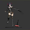 3D Anime Character Model With Purple Hair Black Outfit And Blue Glowing Weapon On Base