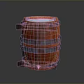 Modern Decorative Wooden Barrel Featuring Orange Surface Blue Hoops And Brown Wooden Frame