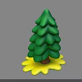 3D Rendered Cartoon Style Green Pine Tree With Layered Canopy Brown Trunk And Yellow Base
