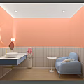 Pink Bathroom Interior With Light Blue Chair White Sink And Round Mirror