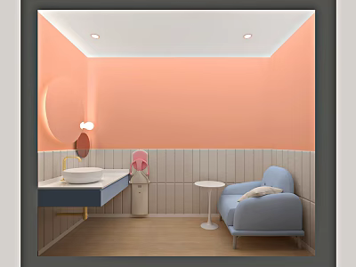 Pink Bathroom Interior With Light Blue Chair White Sink And Round Mirror 3d model