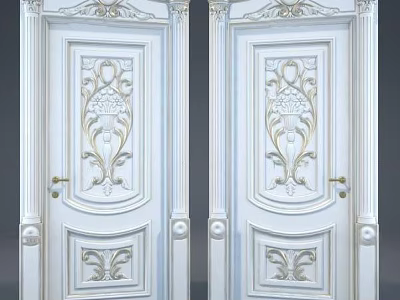Elegant White Hinged Doors With Intricate Carved Patterns And Decorative Details 3d model