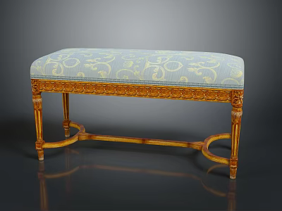 Decorative Wooden Bench With Blue Floral Upholstery And Golden Carved Frame 3d model
