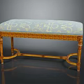 Decorative Wooden Bench With Blue Floral Upholstery And Golden Carved Frame