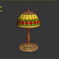 Vintage Table Lamp With Stained Glass Shade Yellow Green Red Diamond Pattern And Golden Base