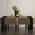 Elegant Dining Table Set with Beige Upholstered Chairs White Flower Vase and Wine Glasses