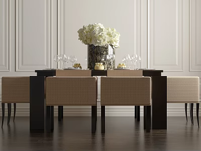 Elegant Dining Table Set with Beige Upholstered Chairs White Flower Vase and Wine Glasses 3d model