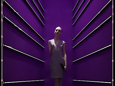 Woman in Gray Dress Standing Between Purple Walls With Symmetrical Shelves And Neon Lights 3d model