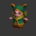 Cute Pig Character 3D Model Wearing Green Hoodie Yellow Scarf And Backpack