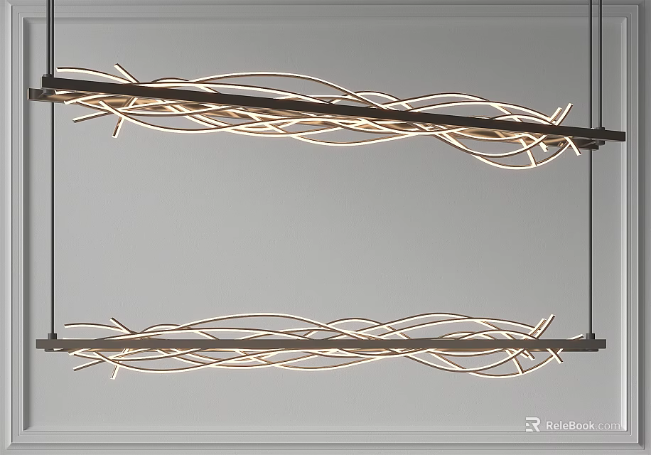Modern Linear Chandelier with Twisted Metal Frame and Warm LED Lighting 3d model 