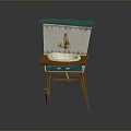 Vintage Bathroom Vanity With Green Brown Frame White Sink Faucet And Wooden Legs