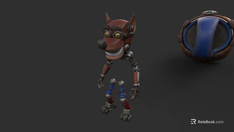 3D Animated Robotic Dog Character With Red Metallic Body Yellow Eyes And Blue Leg Joints 3d model 