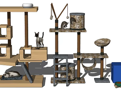 Sturdy Wooden Cat Tree With Multiple Platforms Scratching Posts And Hanging Toys 3d model