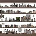 Stylish Perfumes and Cosmetics Collection Displayed on Wooden Shelves with Assorted Bottles