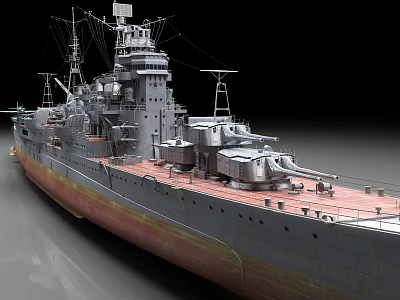 Detailed Large Warship Model with Turrets Deck Superstructure and Gray Red Hull 3d model