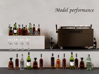 Various Wine Bottles And Crystal Glasses Display On Modern Shelf With Model Performance 3d model
