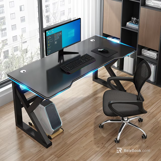 Modern Office Desk With Computer Monitor Keyboard Mouse LED Lights Ergonomic Chair Bookshelf And Window 3d model 
