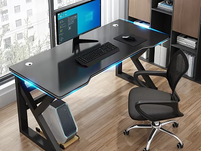 Modern Office Desk With Computer Monitor Keyboard Mouse LED Lights Ergonomic Chair Bookshelf And Window 3d model