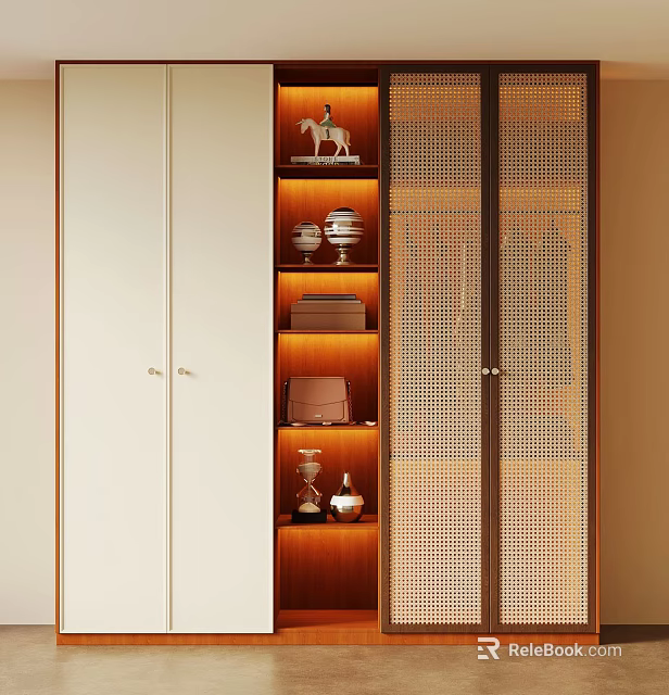 Modern Wardrobe with White Cabinet Doors Wooden Shelves Lighting and Perforated Panel Doors Decorative Items 3d model 