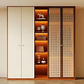 Modern Wardrobe with White Cabinet Doors Wooden Shelves Lighting and Perforated Panel Doors Decorative Items
