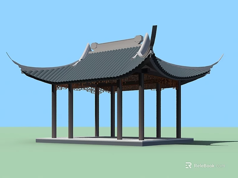 Traditional Ancient Chinese Pavilion with Curved Overhanging Eaves and Wooden Columns 3d model 