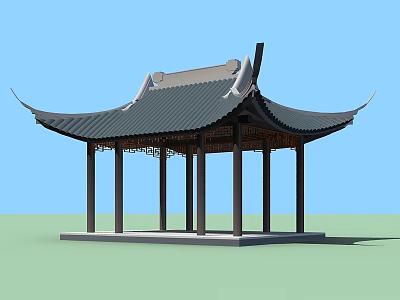 Traditional Ancient Chinese Pavilion with Curved Overhanging Eaves and Wooden Columns 3d model