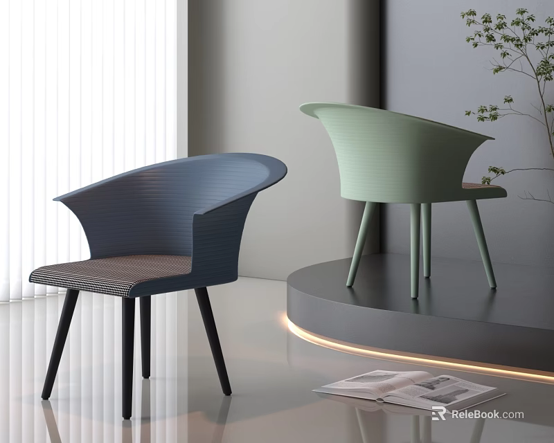 Contemporary Single Chair In Blue Green Tones With Wooden Legs Natural Light And Gray Wall 3d model 