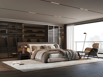 Modern Bedroom Interior Design With Large Bed Nightstand And Floor To Ceiling Window 3d model