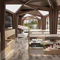 Spacious Shopping Mall Lobby Featuring Wooden Structure Skylights Seating Areas And Counters