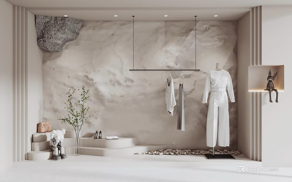 Modern Fashion Clothing Window Display With Marble Background And Minimalist Design Hangers 3d model 