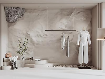 Modern Fashion Clothing Window Display With Marble Background And Minimalist Design Hangers 3d model