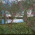 Beautiful Arbor With Pink Flowers And Green Leaves In Lakeside Grassland Natural Scene