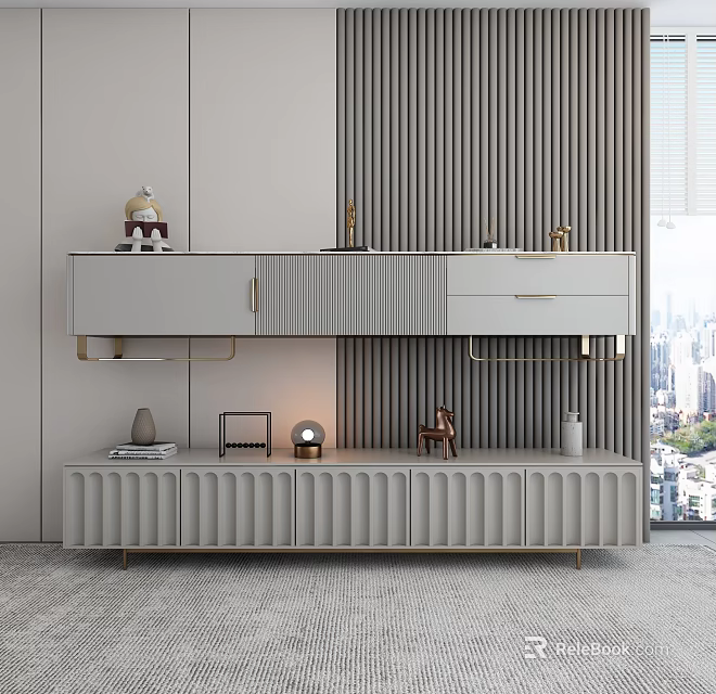 Modern Light Gray TV Stand With Ribbed Design And Decorative Items On Wooden Slat Wall 3d model 