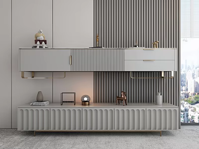 Modern Light Gray TV Stand With Ribbed Design And Decorative Items On Wooden Slat Wall 3d model