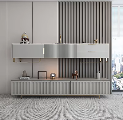 Modern Light Gray TV Stand With Ribbed Design And Decorative Items On Wooden Slat Wall 3d model