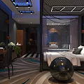Luxury Hotel Room Interior Featuring Four Poster Bed White Bedding And Night View Window
