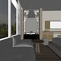 Modern Hotel Guest Room Interior With Wooden Floor Large Window Bed Desk And Chair