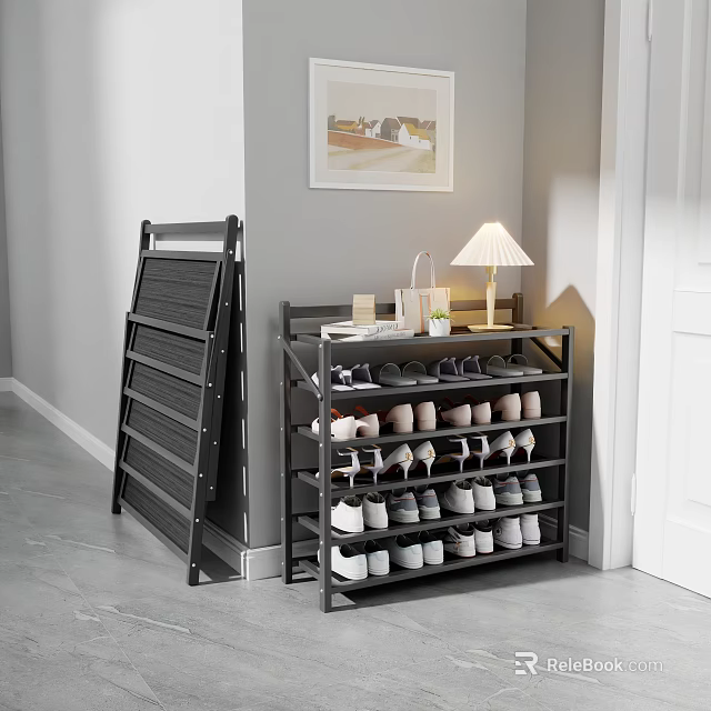 Foldable And Multi Tiered Shoe Rack With Shoes Table Lamp And Potted Plant In Interior 3d model 