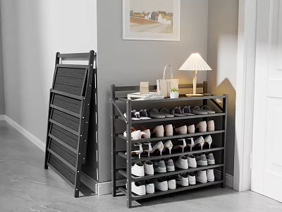 Foldable And Multi Tiered Shoe Rack With Shoes Table Lamp And Potted Plant In Interior 3d model