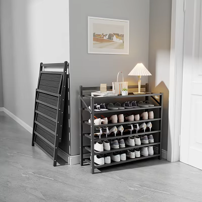 Foldable And Multi Tiered Shoe Rack With Shoes Table Lamp And Potted Plant In Interior 3d model