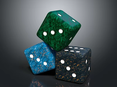 Colorful Household Dice With Green Blue Black Bodies And White Dots 3d model