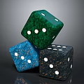 Colorful Household Dice With Green Blue Black Bodies And White Dots