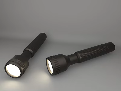 Two Black Flashlights With Illuminated Lamps Placed On Grey Background Surface 3d model