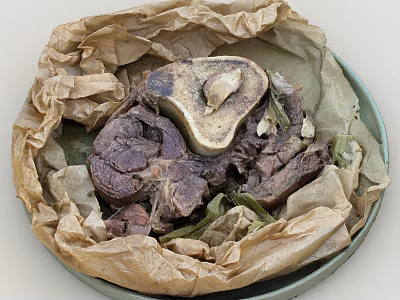 Tender Slow Cooked Meat with Bone Green Leaves Wrapped in Parchment on Plate 3d model