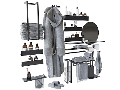 Modern Bathroom Accessories Including Towel Racks Bathrobe Folded Towels Toiletries Mirror And Slippers 3d model