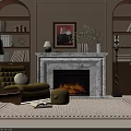 Cozy Living Room Fireplace With Marble Mantel Bookshelves Green Chair Ottoman And Decorative Plant